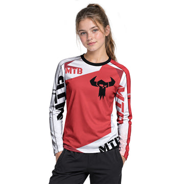 Red White Youth Long Sleeve Mountain Bike Jersey – Girl Lifestyle View