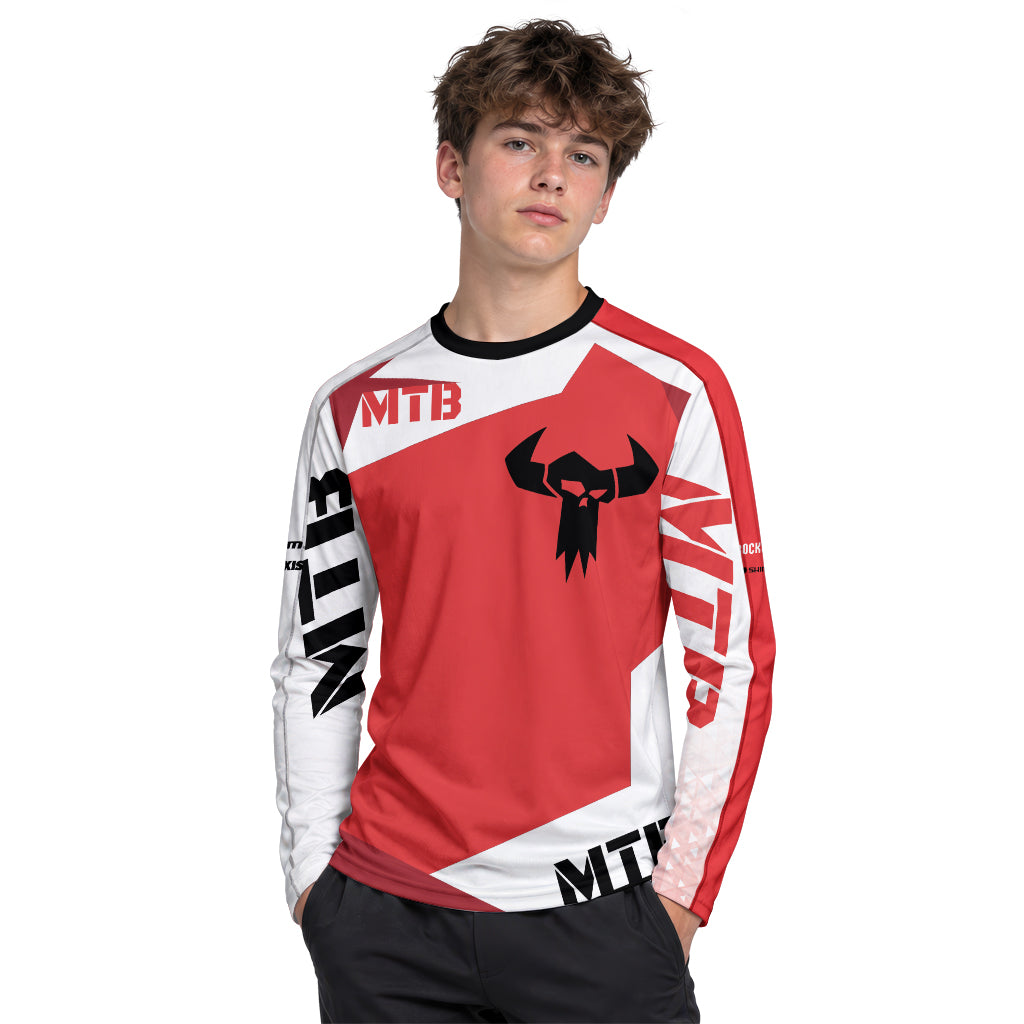Red White Youth Long Sleeve Mountain Bike Jersey – Boy Lifestyle View