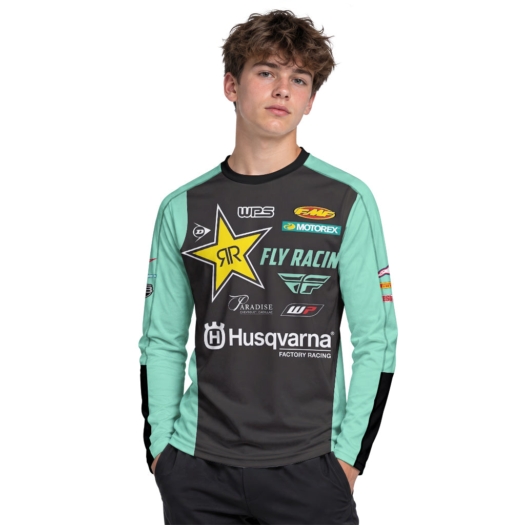 RJ Hampshire #24 Rockstar Energy Husqvarna Youth Long Sleeve Motocross Jersey – Boy Lifestyle View