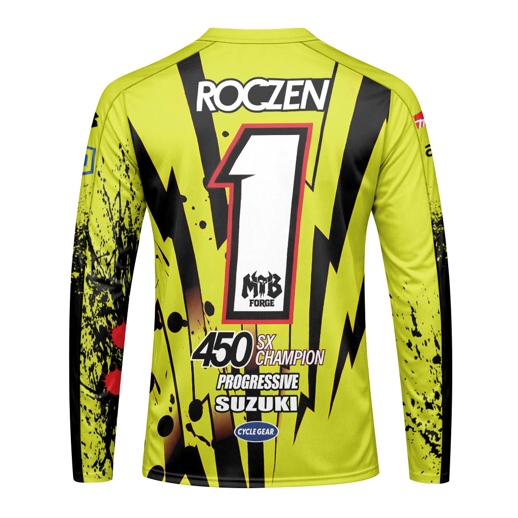 Roczen 1 Suzuki Progressive Neon Yellow Long Sleeve Motocross Jersey - back view mockup