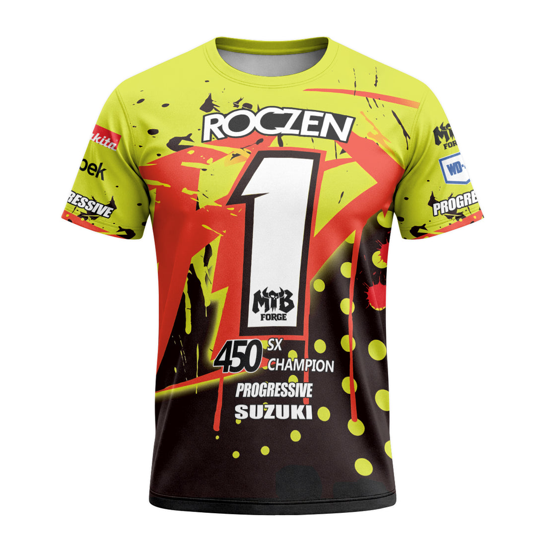 Roczen 1 Suzuki Progressive Neon Yellow Short Sleeve Motocross Jersey - front and back view