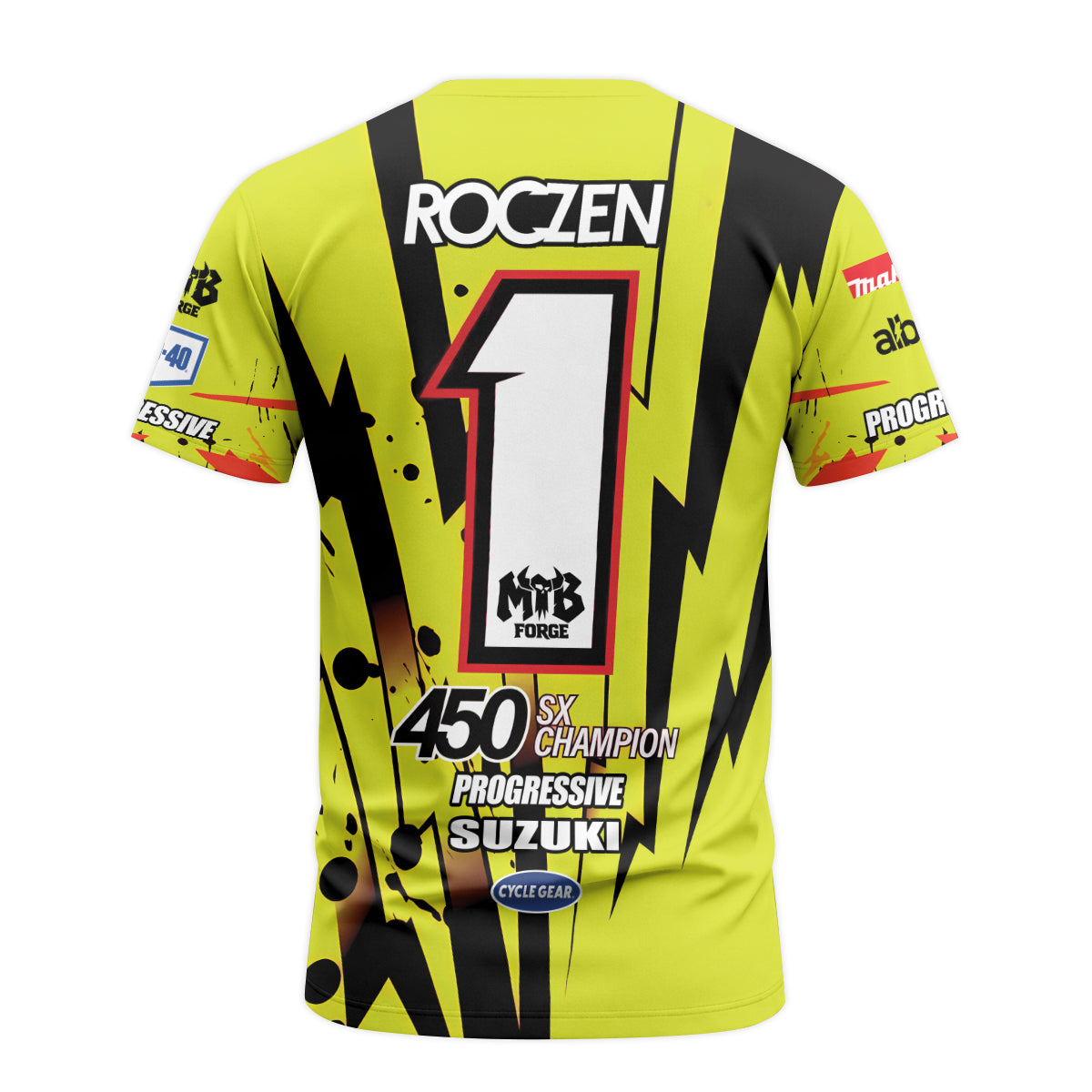 Roczen 1 Suzuki Progressive Neon Yellow Short Sleeve Motocross Jersey - back view mockup