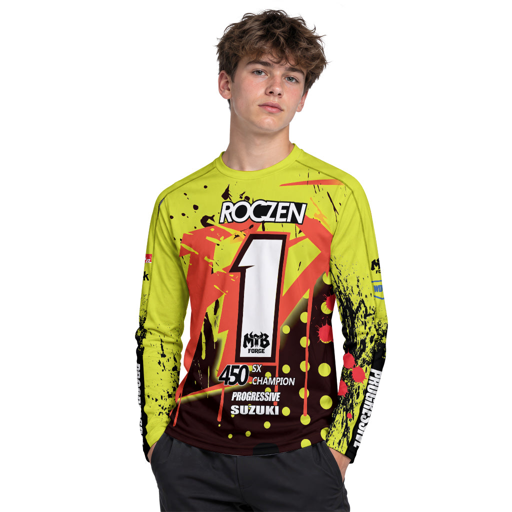 Roczen 1 Suzuki Progressive Neon Yellow Youth Long Sleeve Motocross Jersey – Boy Lifestyle View