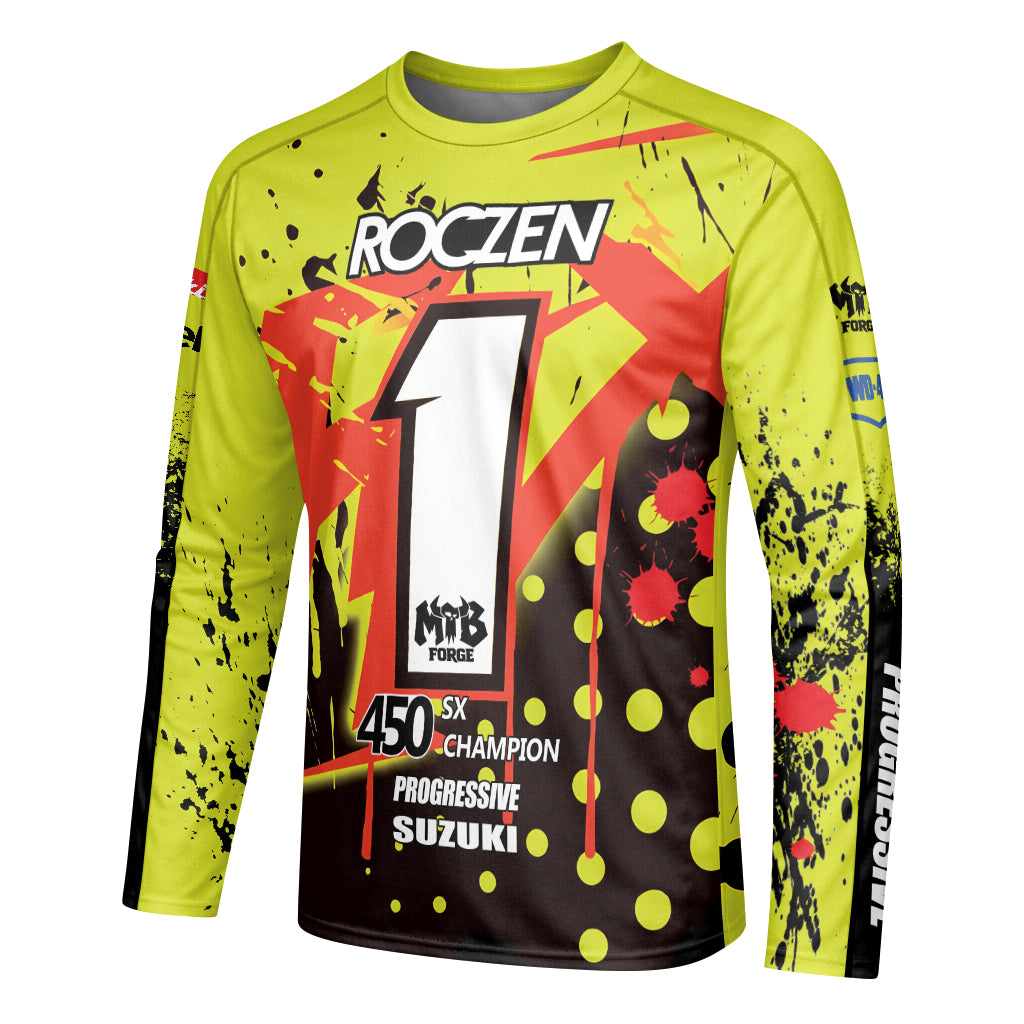 Roczen 1 Suzuki Progressive Neon Yellow Youth Long Sleeve Motocross Jersey – Left Side View Mockup