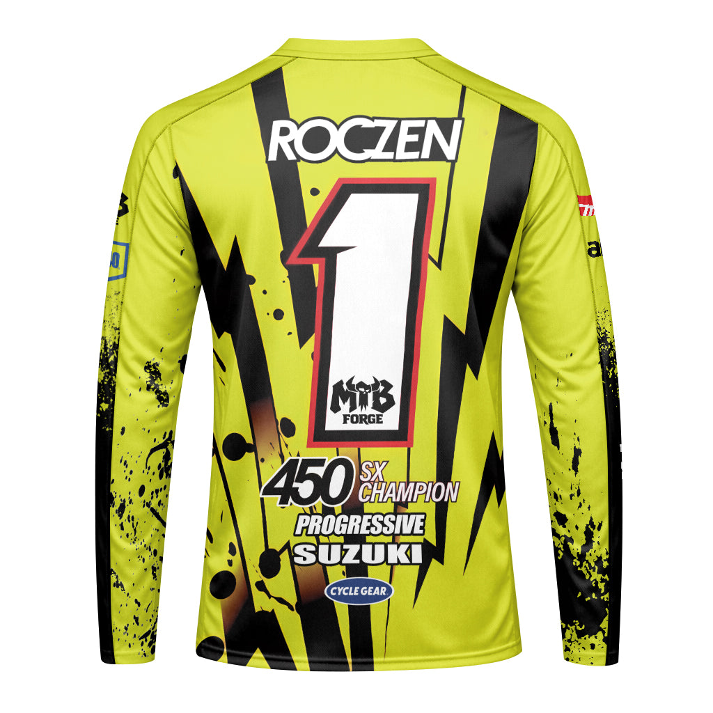 Roczen 1 Suzuki Progressive Neon Yellow Youth Long Sleeve Motocross Jersey – Back View Mockup