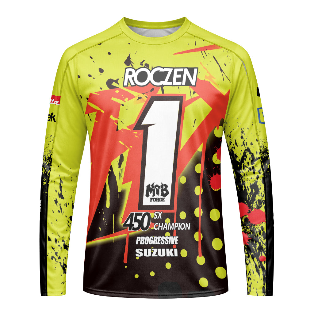 Roczen 1 Suzuki Progressive Neon Yellow Youth Long Sleeve Motocross Jersey – Front View Mockup