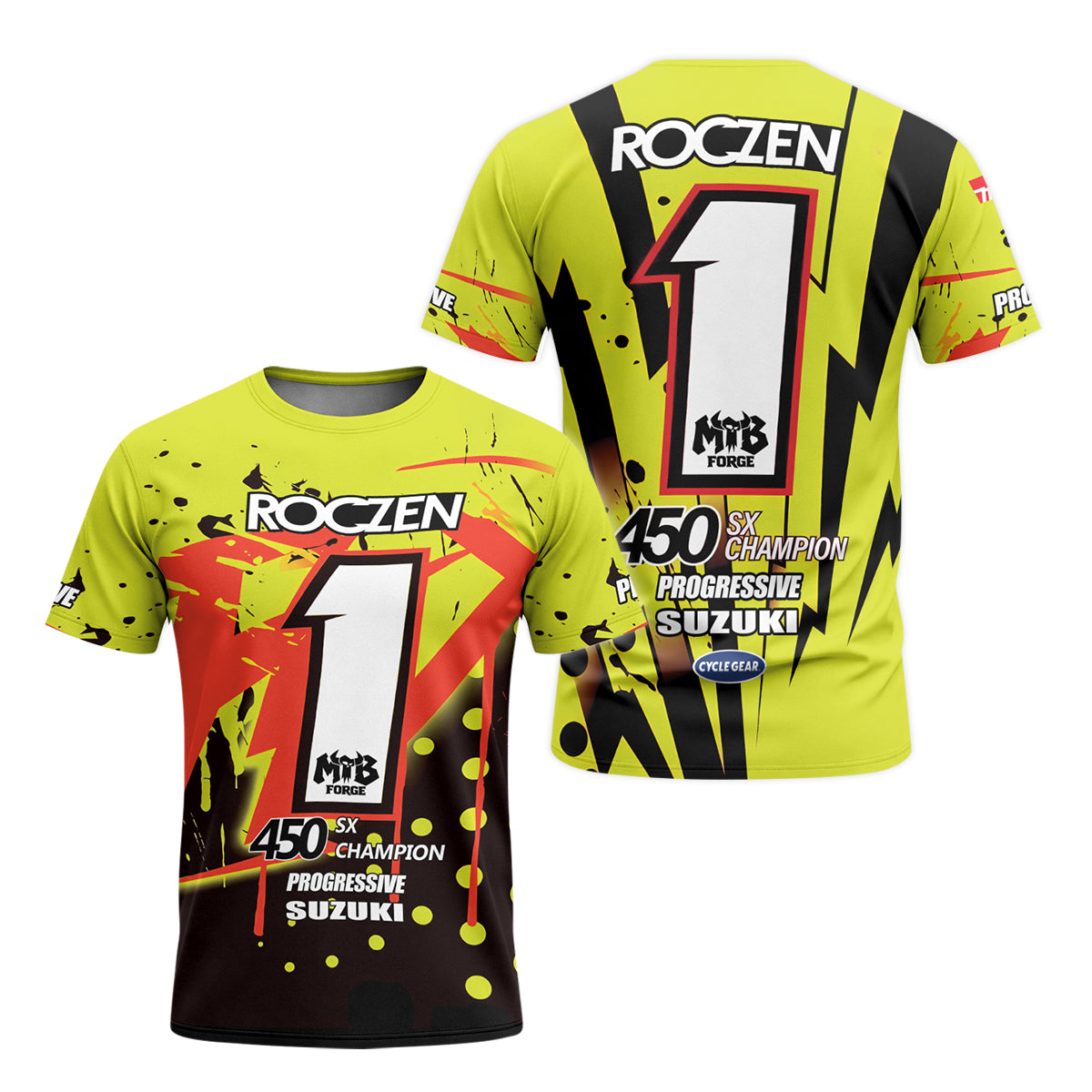 Roczen 1 Suzuki Progressive Neon Yellow Youth Short Sleeve Motocross Jersey – Front and Back View