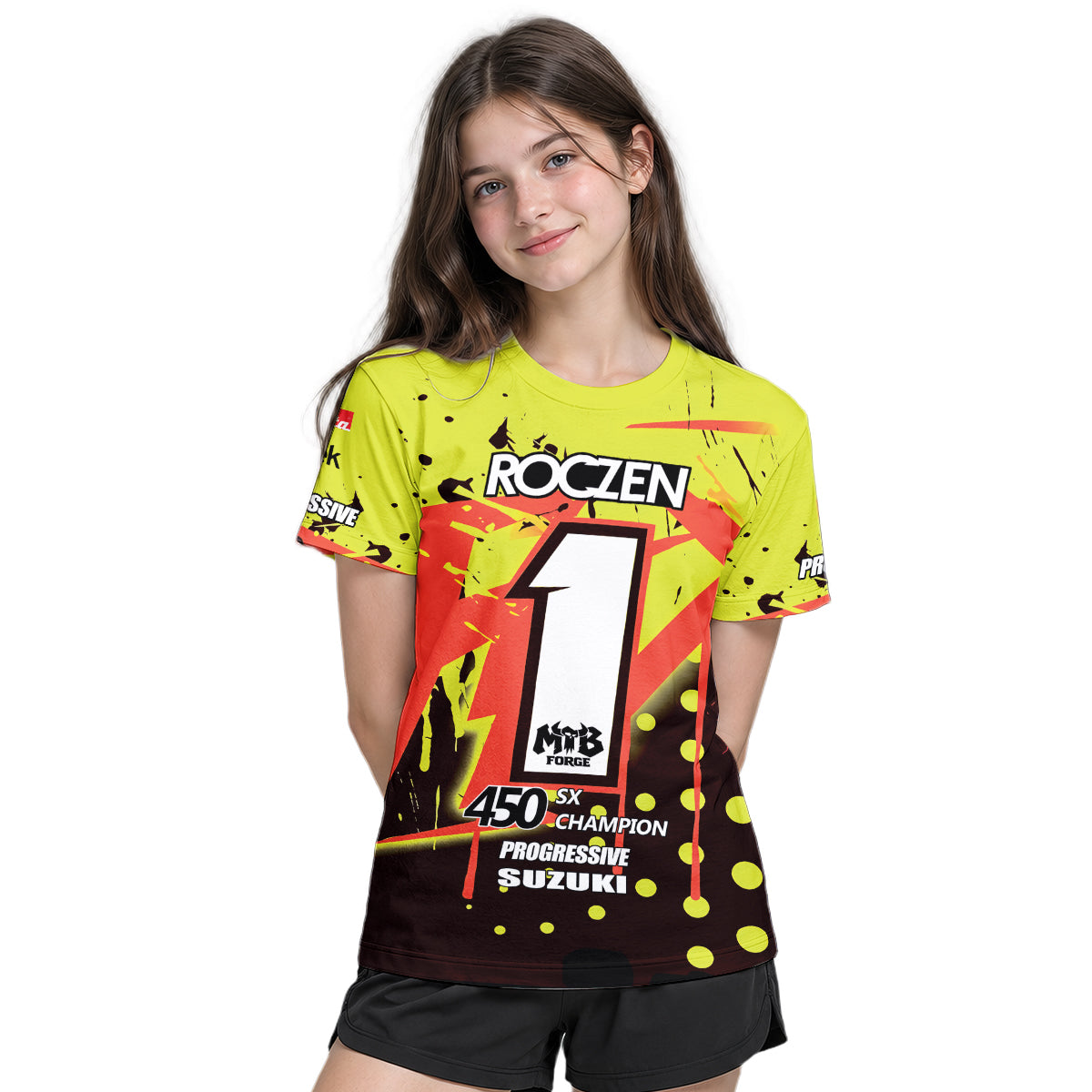 Roczen 1 Suzuki Progressive Neon Yellow Youth Short Sleeve Motocross Jersey – Girl Lifestyle View