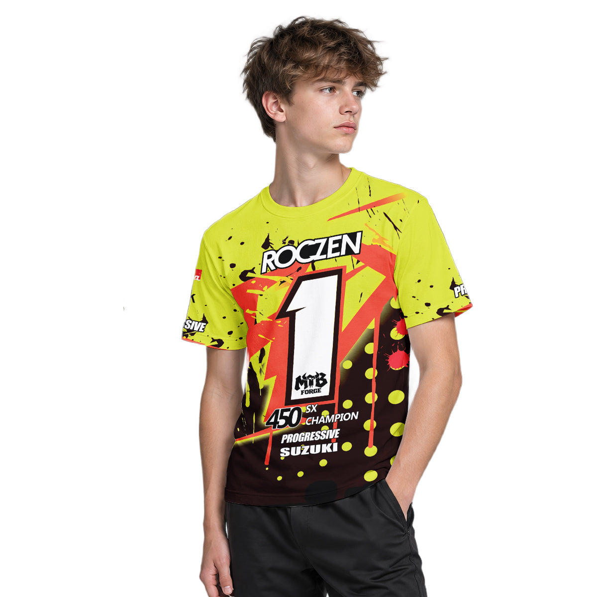 Roczen 1 Suzuki Progressive Neon Yellow Youth Short Sleeve Motocross Jersey – Boy Lifestyle View