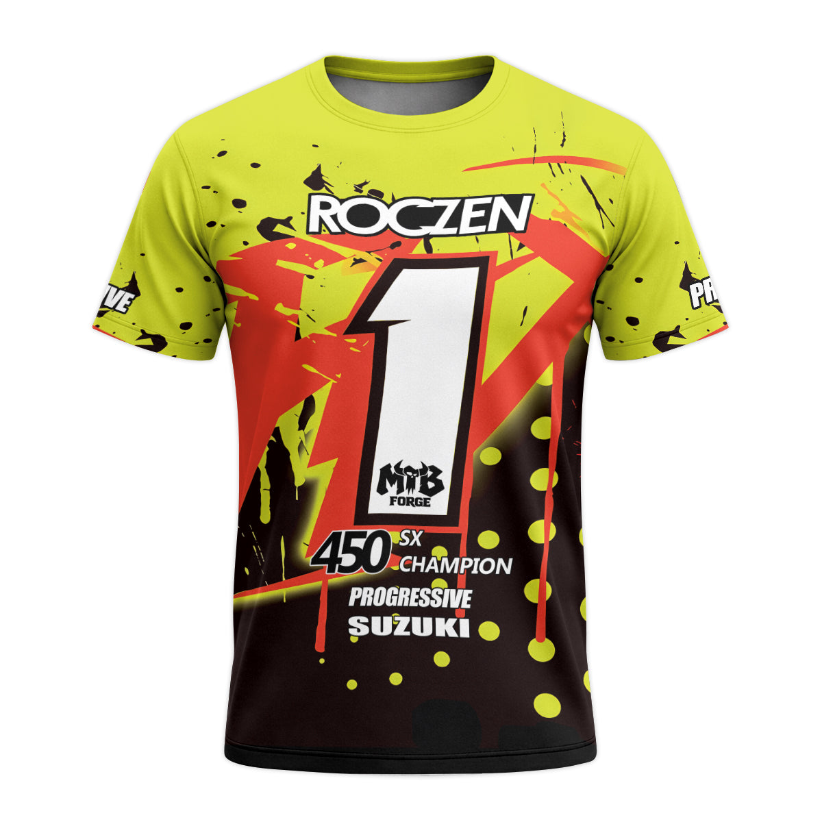 Roczen 1 Suzuki Progressive Neon Yellow Youth Short Sleeve Motocross Jersey – Front View Mockup