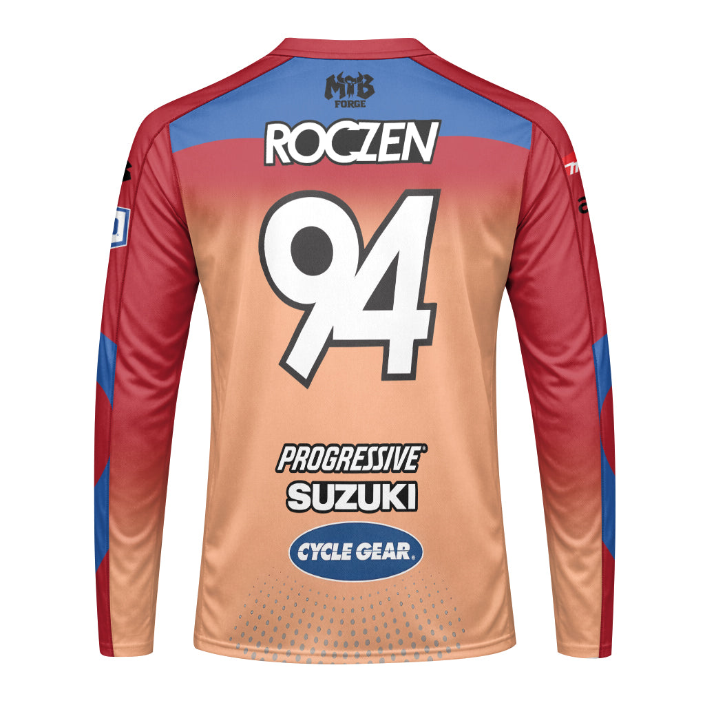 Roczen 94 Suzuki Progressive Peach Blue Long Sleeve Motocross Jersey - back view mockup