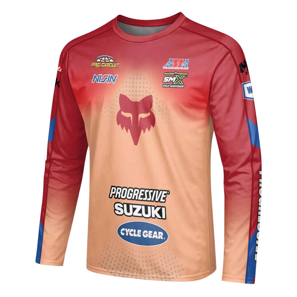 Roczen 94 Suzuki Progressive Peach Blue Long Sleeve Motocross Jersey - left side mockup