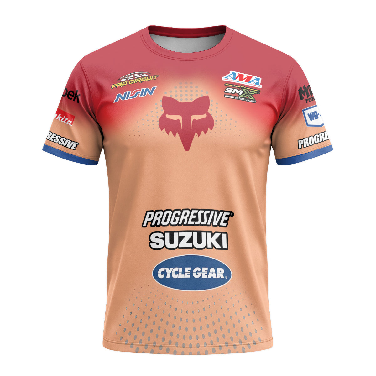 Roczen 94 Suzuki Progressive Peach Blue Short Sleeve Motocross Jersey - front view mockup