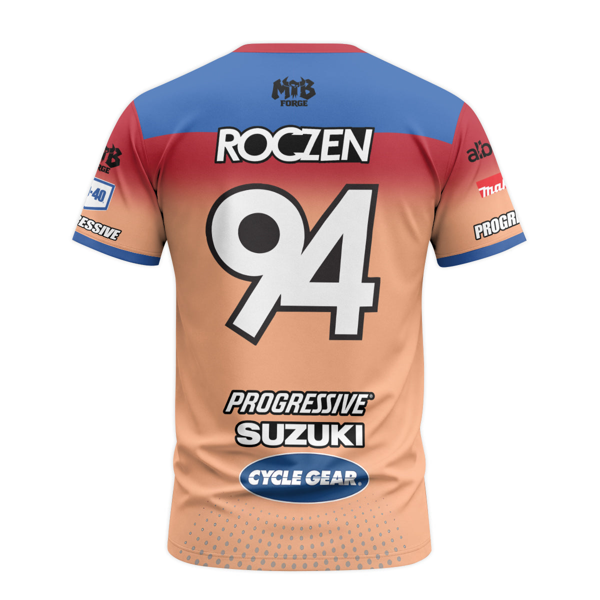 Roczen 94 Suzuki Progressive Peach Blue Short Sleeve Motocross Jersey - back view mockup