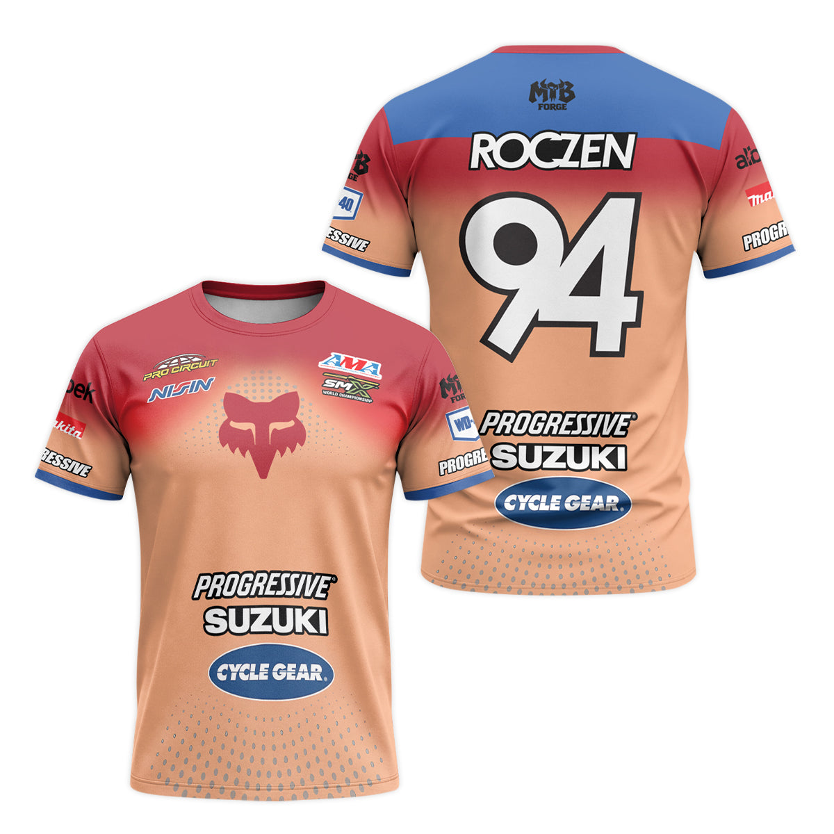 Roczen 94 Suzuki Progressive Peach Blue Short Sleeve Motocross Jersey - front and back view