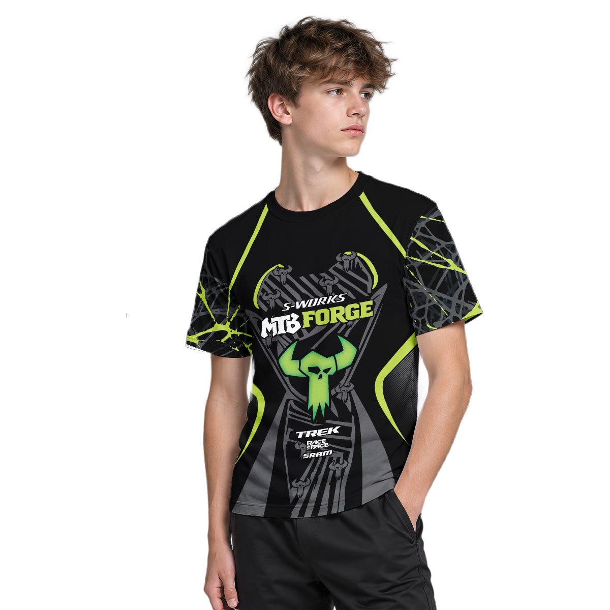 S-Works MTB Forge Black Green Youth Short Sleeve Mountain Bike Jersey – Boy Lifestyle View