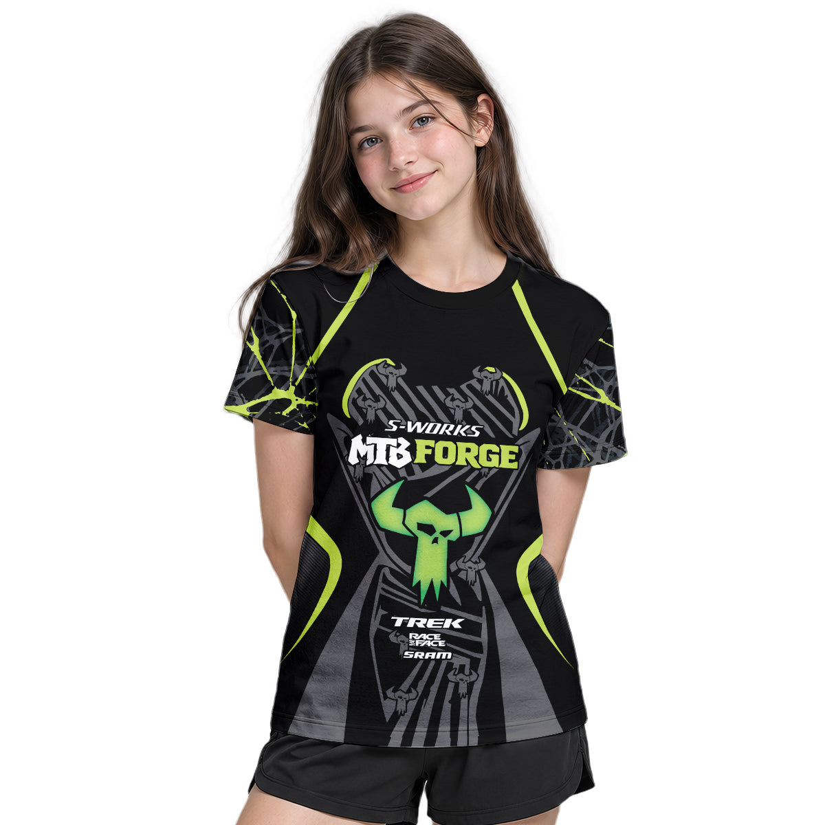 S-Works MTB Forge Black Green Youth Short Sleeve Mountain Bike Jersey – Girl Lifestyle View