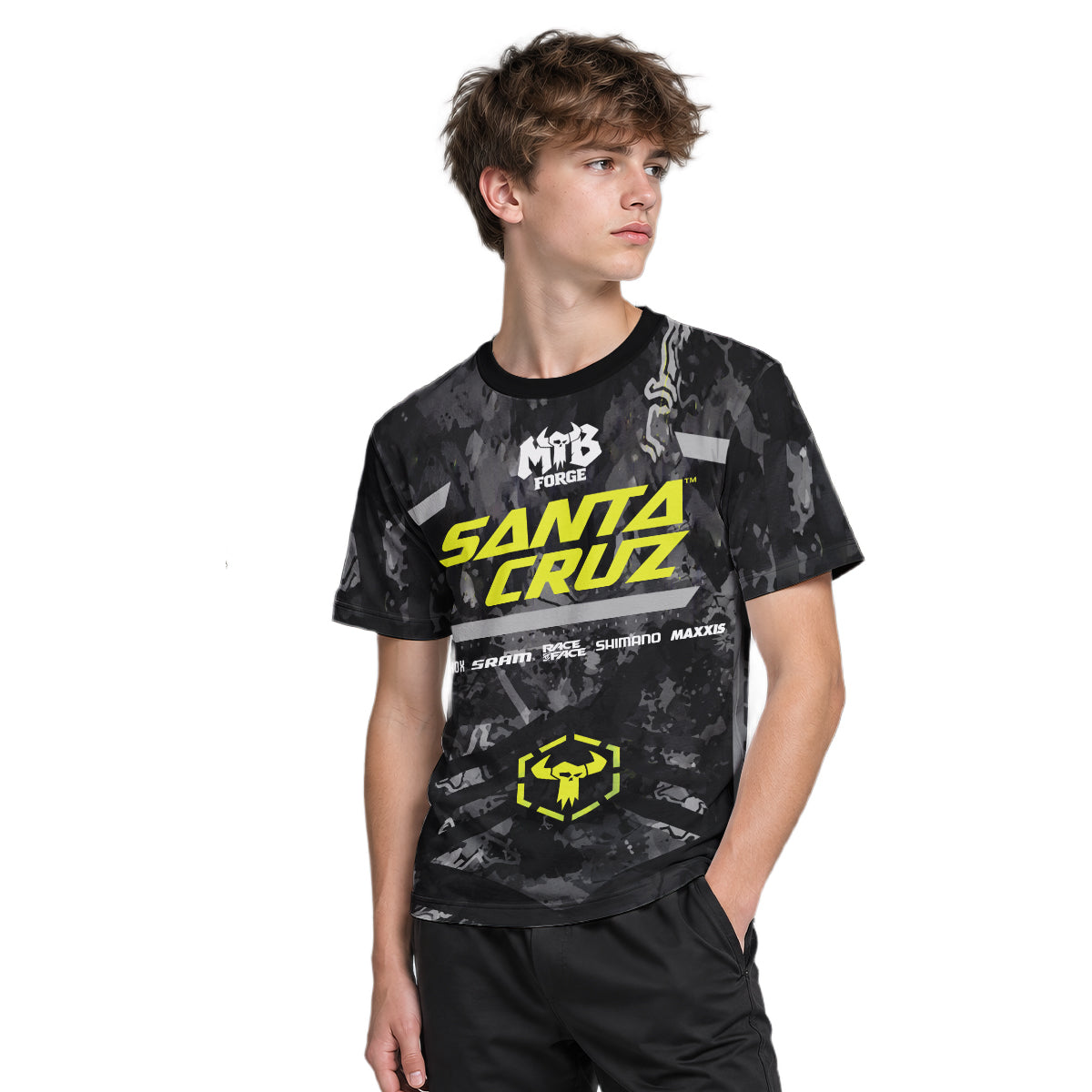 Santa Cruz Black Camo Youth Short Sleeve Mountain Bike Jersey – Boy Lifestyle View