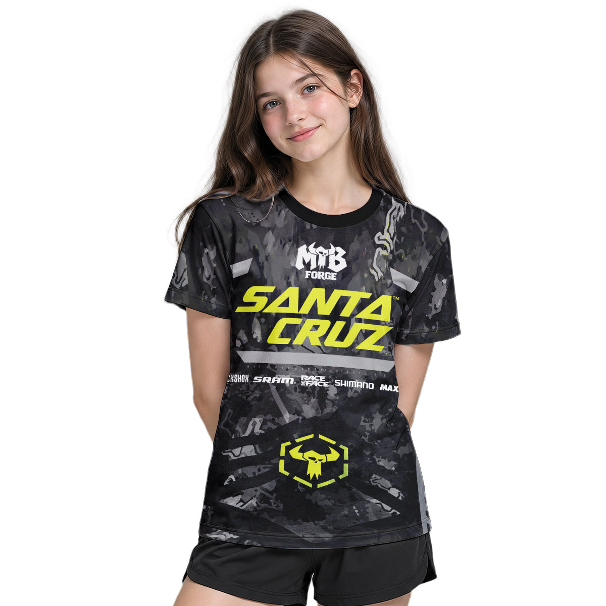 Santa Cruz Black Camo Youth Short Sleeve Mountain Bike Jersey – Girl Lifestyle View