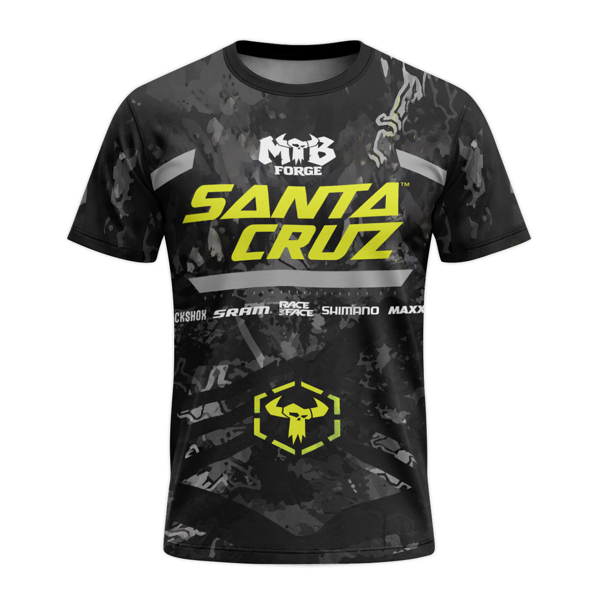 Santa Cruz Black Camo Youth Short Sleeve Mountain Bike Jersey – Front View Mockup