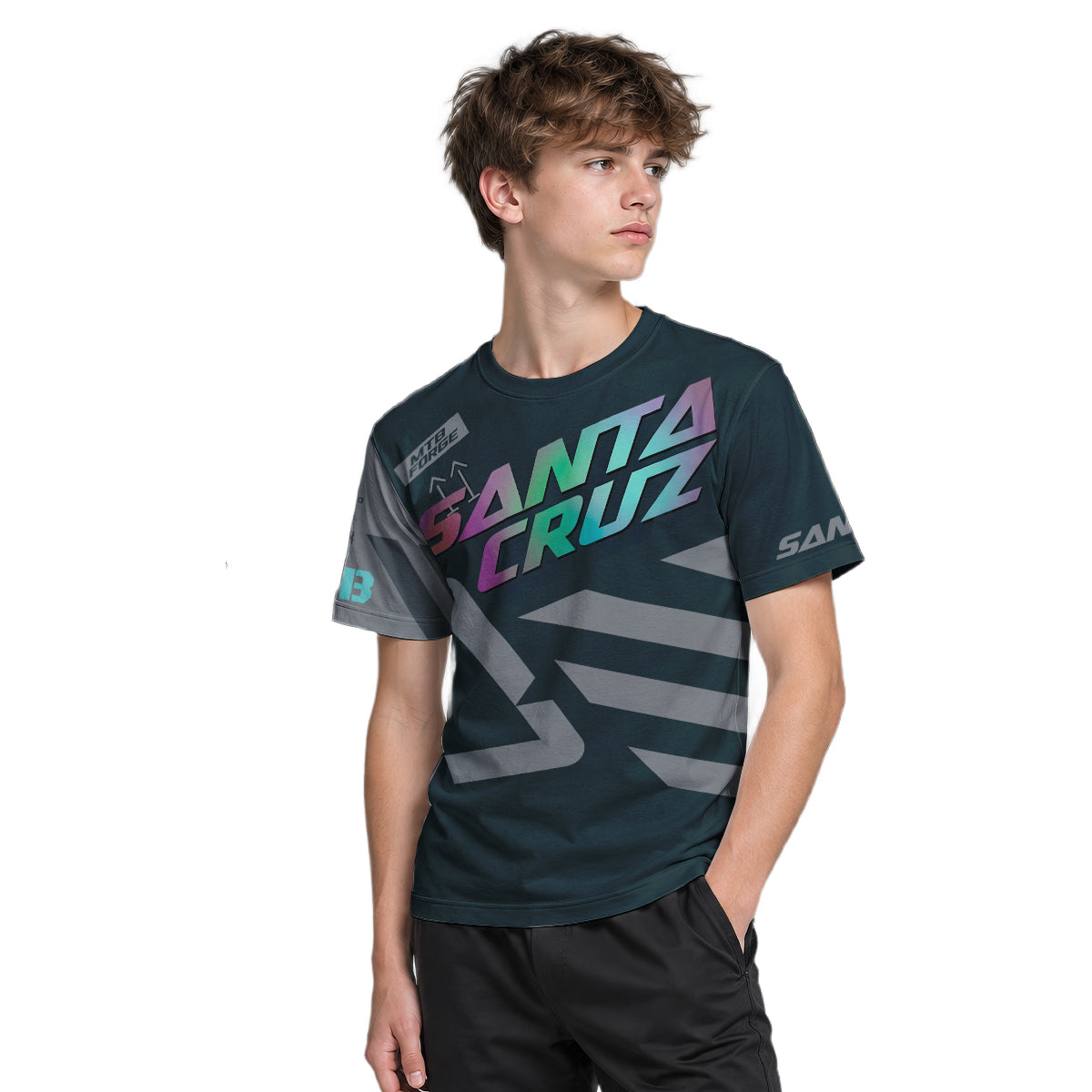 Santa Cruz Black Iridescent Youth Short Sleeve Mountain Bike Jersey – Boy Lifestyle View