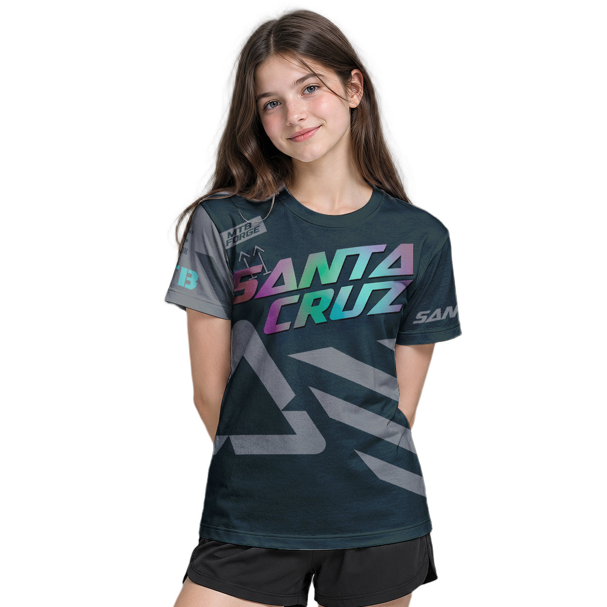 Santa Cruz Black Iridescent Youth Short Sleeve Mountain Bike Jersey – Girl Lifestyle View