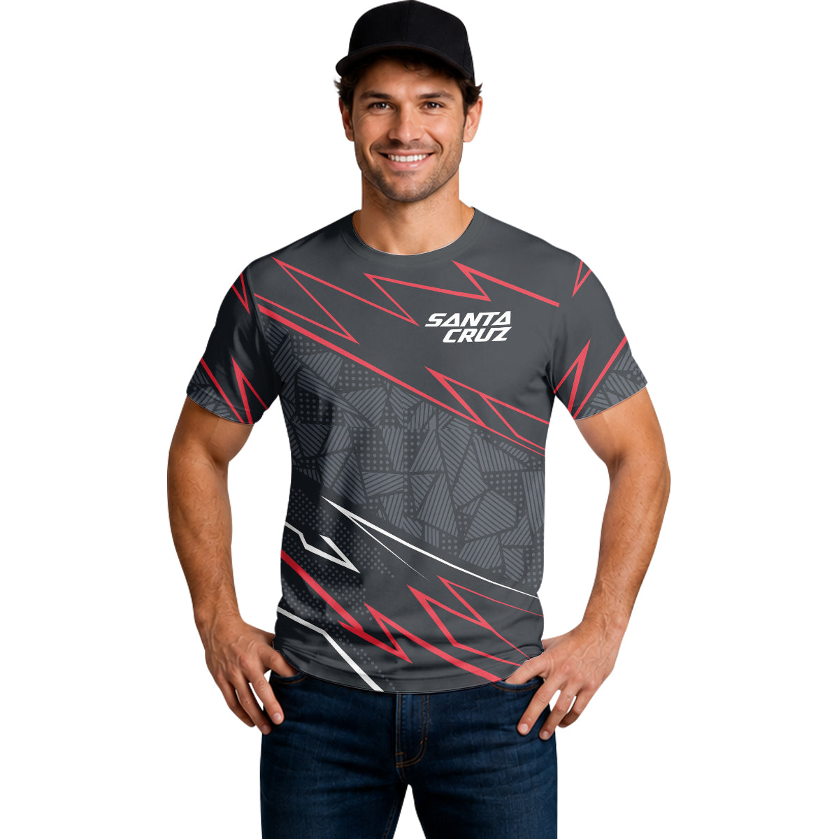 Santa Cruz Black Red Geometric Short Sleeve Mountain Bike Jersey - lifestyle view