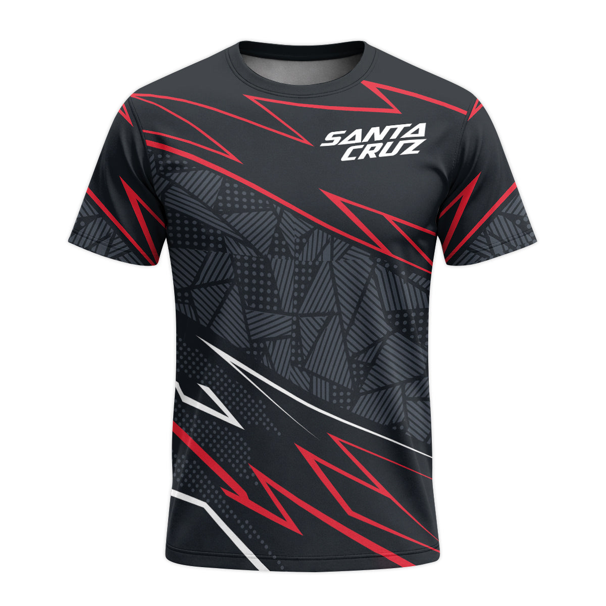 Santa Cruz Black Red Geometric Short Sleeve Mountain Bike Jersey - front view mockup