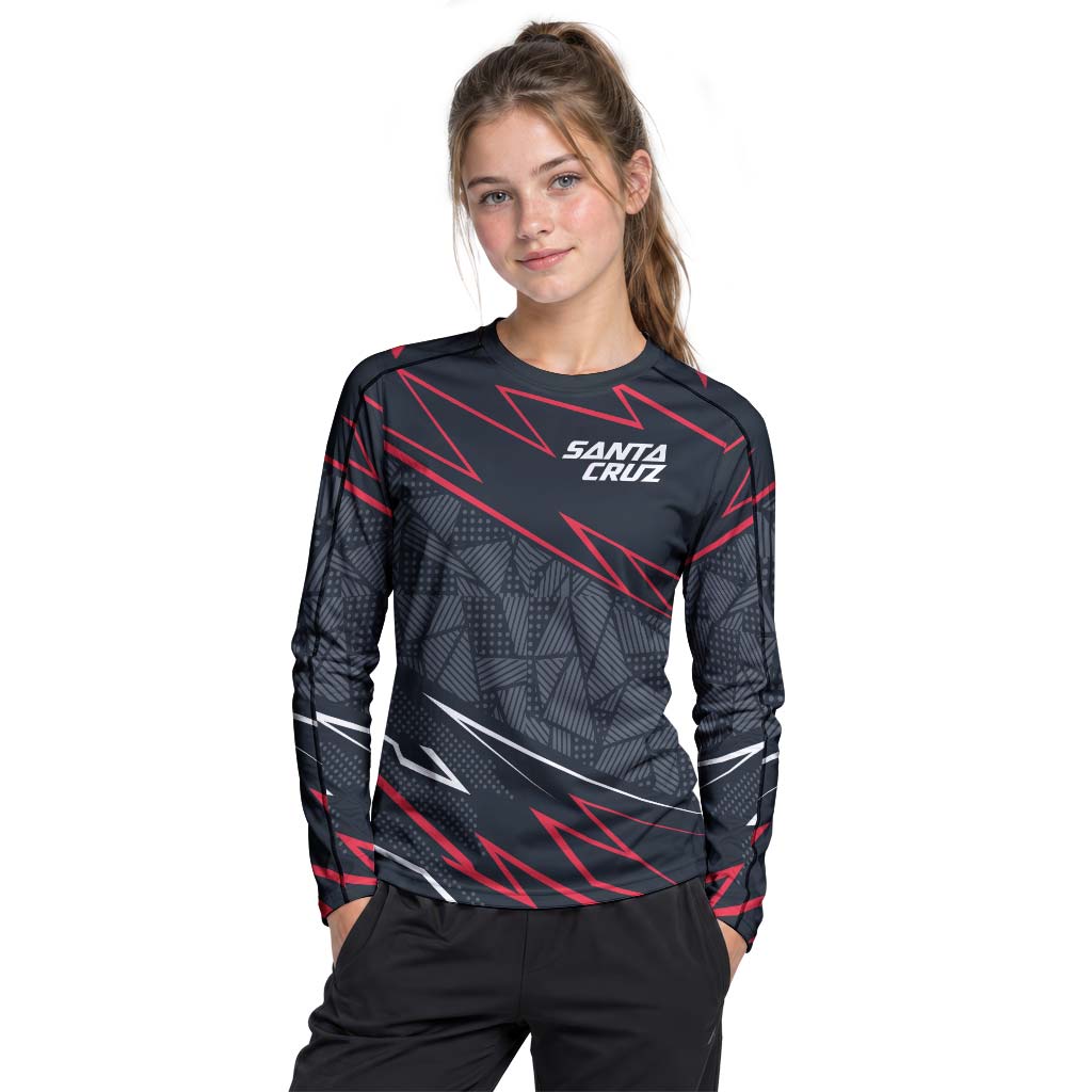 Santa Cruz Black Red Geometric Youth Long Sleeve Mountain Bike Jersey – Girl Lifestyle View