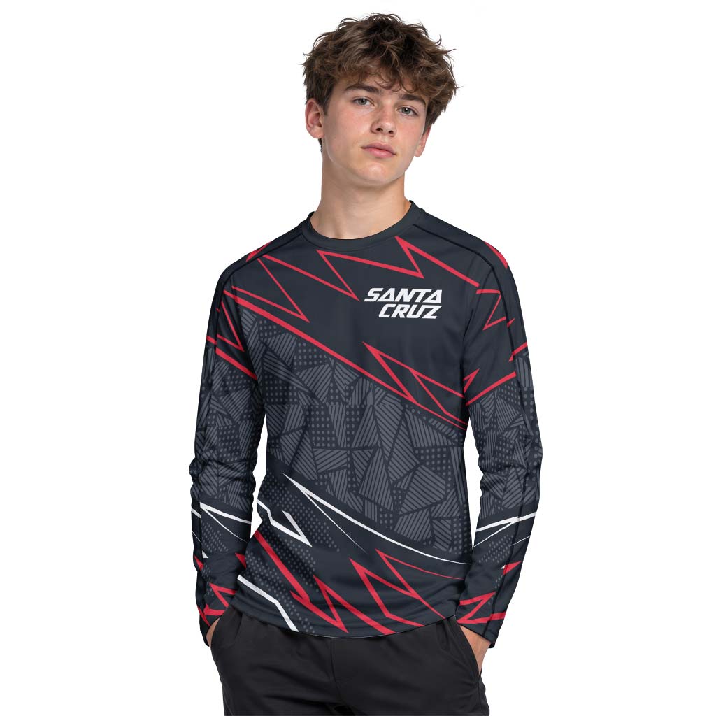 Santa Cruz Black Red Geometric Youth Long Sleeve Mountain Bike Jersey – Boy Lifestyle View