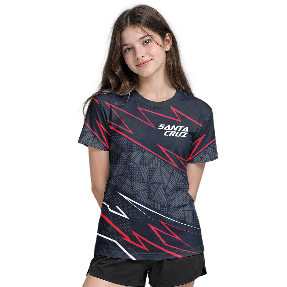Santa Cruz Black Red Geometric Youth Short Sleeve Mountain Bike Jersey – Boy Lifestyle View