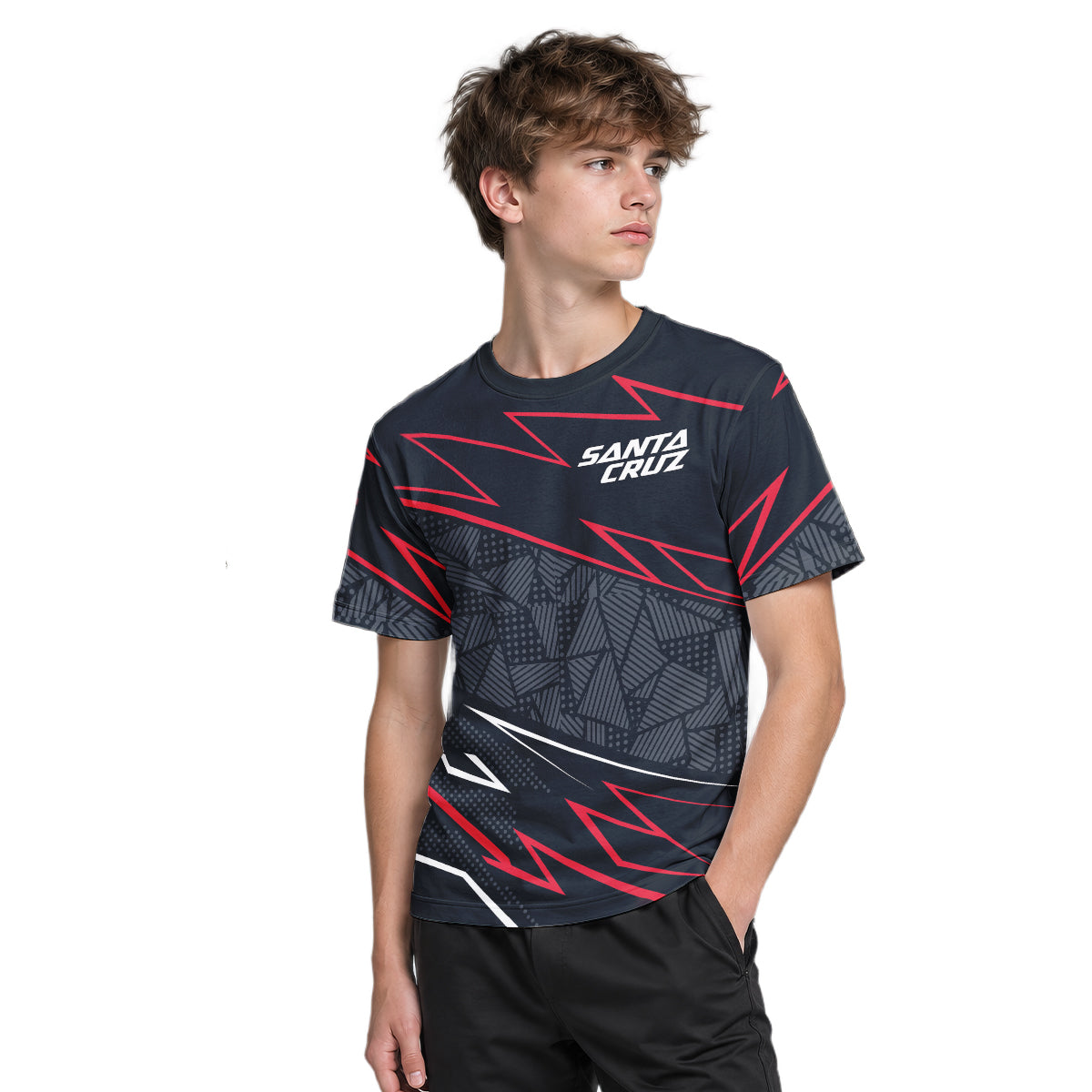 Santa Cruz Black Red Geometric Youth Short Sleeve Mountain Bike Jersey – Boy Lifestyle View