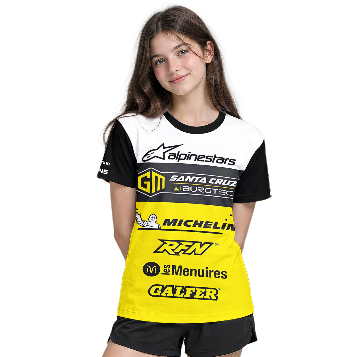 Santa Cruz Burgtec Black Yellow Youth Short Sleeve Mountain Bike Jersey – Girl Lifestyle View