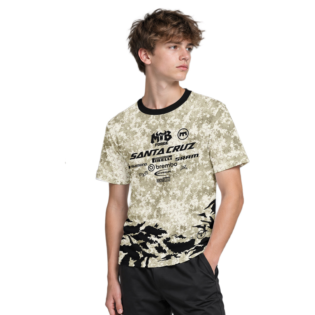Santa Cruz Desert Camo Youth Short Sleeve Mountain Bike Jersey – Boy Lifestyle View