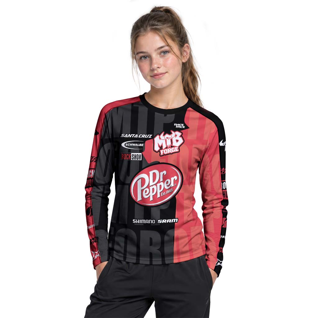 Santa Cruz Dr Pepper Youth Long Sleeve Mountain Bike Jersey – Girl Lifestyle View