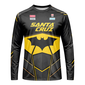 Santa Cruz Gotham City Batman Black Yellow Long Sleeve Mountain Bike Jersey – Front View Mockup