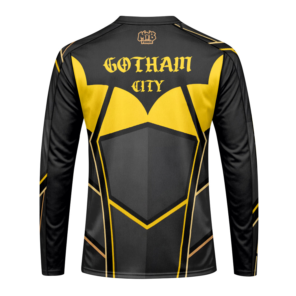 Santa Cruz Gotham City Batman Black Yellow Long Sleeve Mountain Bike Jersey – Back View Mockup