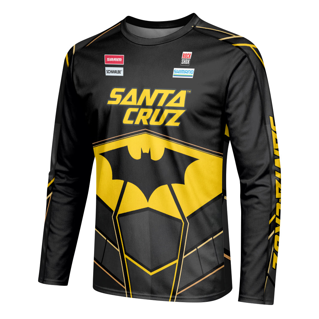 Santa Cruz Gotham City Batman Black Yellow Long Sleeve Mountain Bike Jersey – Left Side View Mockup