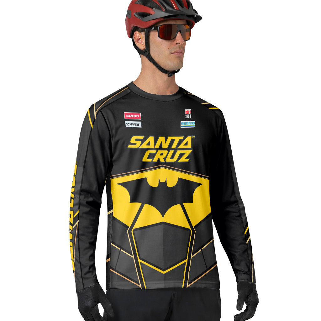 Santa Cruz Gotham City Batman Black Yellow Long Sleeve Mountain Bike Jersey – Lifestyle View