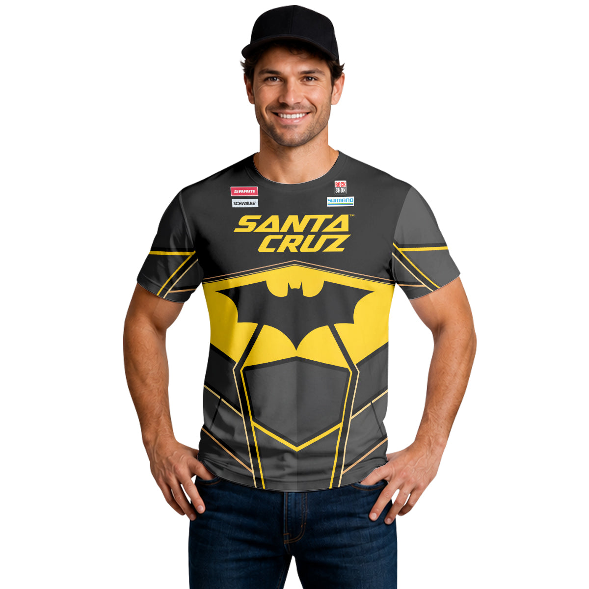 Santa Cruz Gotham City Batman Black Yellow Short Sleeve Mountain Bike Jersey – Lifestyle View