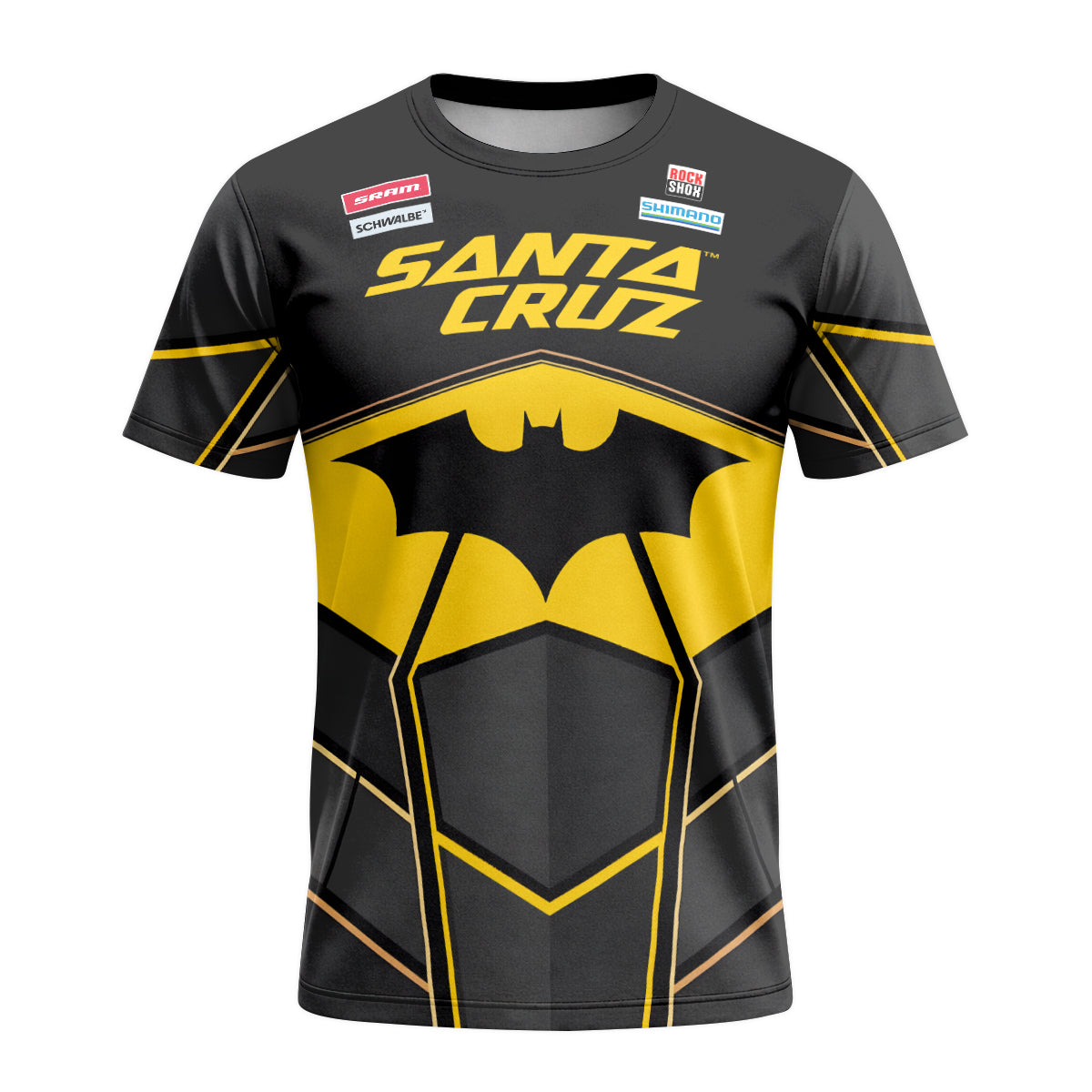 Santa Cruz Gotham City Batman Black Yellow Short Sleeve Mountain Bike Jersey – Front View Mockup