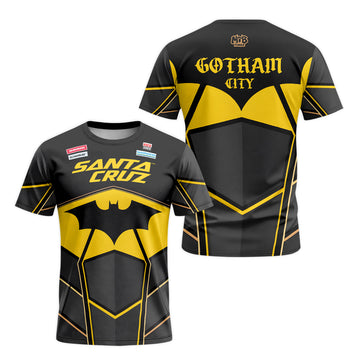 Santa Cruz Gotham City Batman Black Yellow Short Sleeve Mountain Bike Jersey – Front and Back View