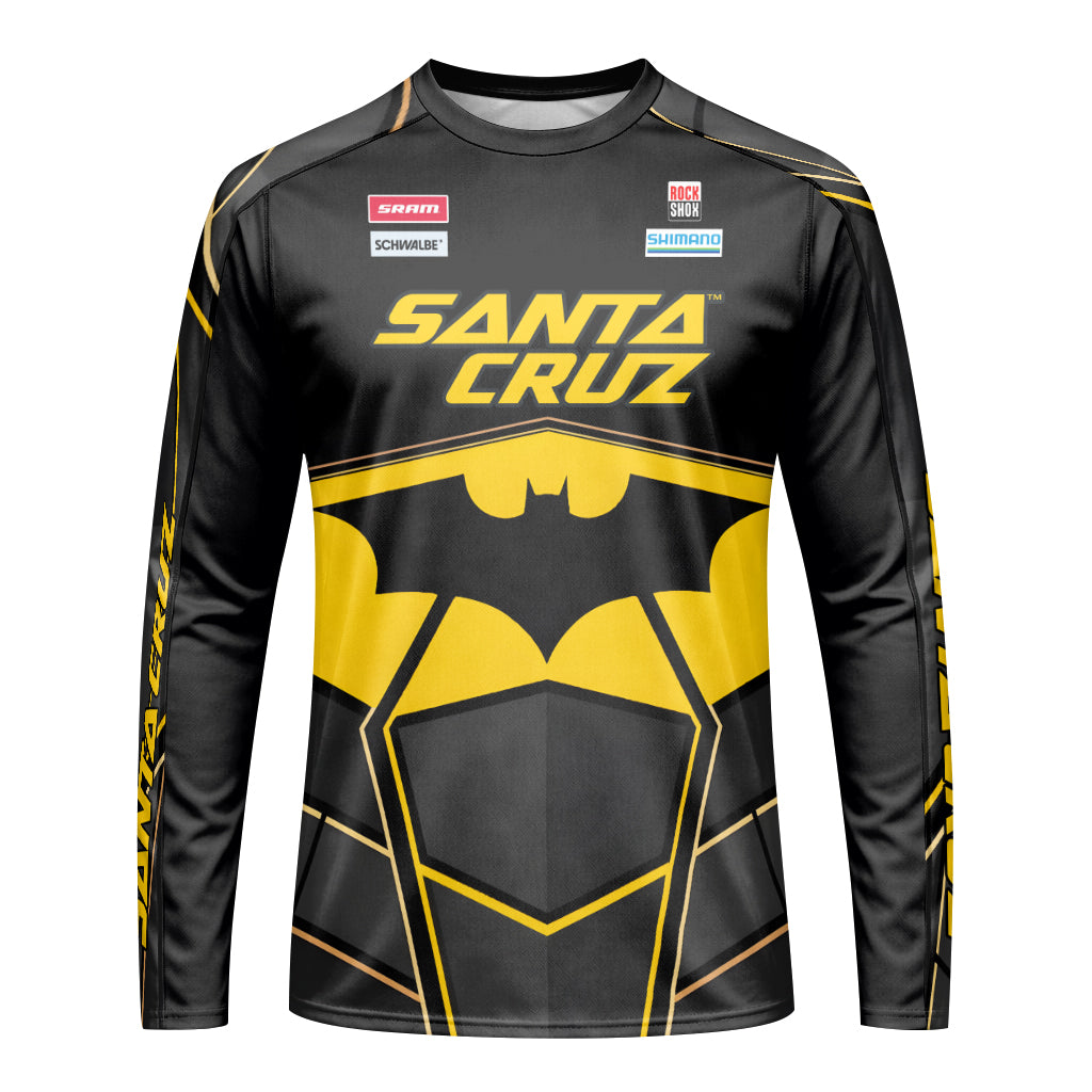 Santa Cruz Gotham City Batman Black Yellow Youth Long Sleeve Mountain Bike Jersey – Front View Mockup