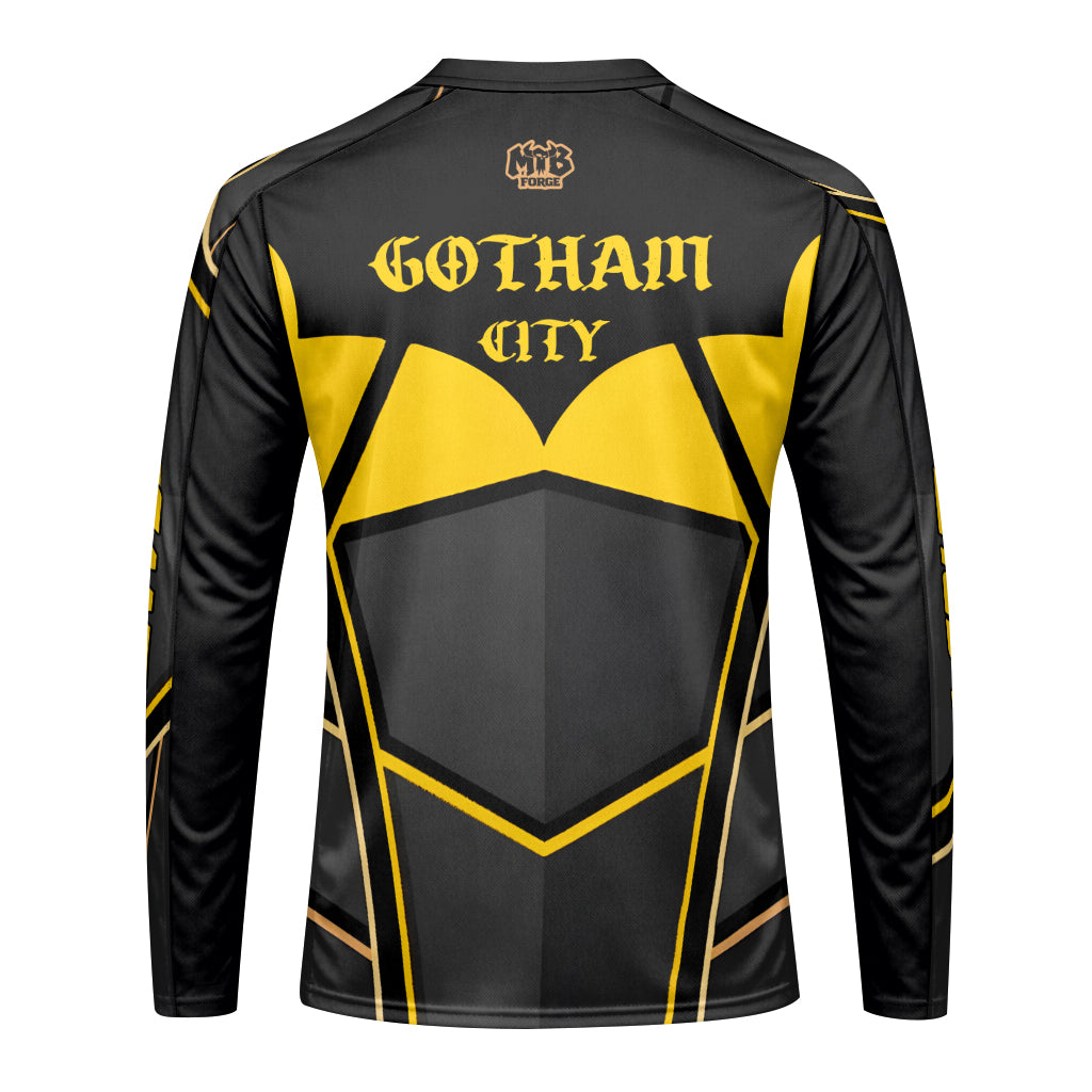 Santa Cruz Gotham City Batman Black Yellow Youth Long Sleeve Mountain Bike Jersey – Back View Mockup