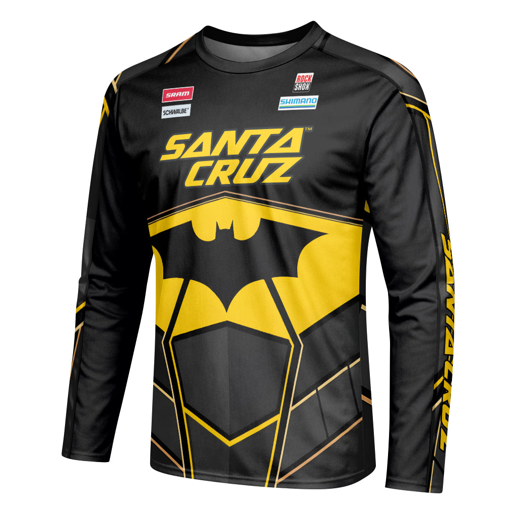 Santa Cruz Gotham City Batman Black Yellow Youth Long Sleeve Mountain Bike Jersey – Left Side View Mockup
