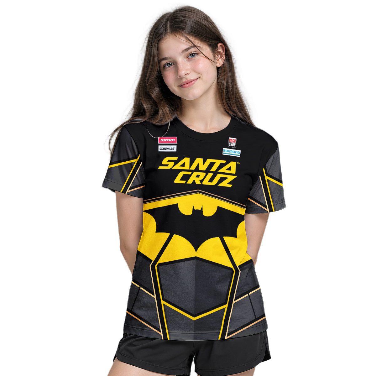 Santa Cruz Gotham City Batman Black Yellow Youth Short Sleeve Mountain Bike Jersey – Girl Lifestyle View