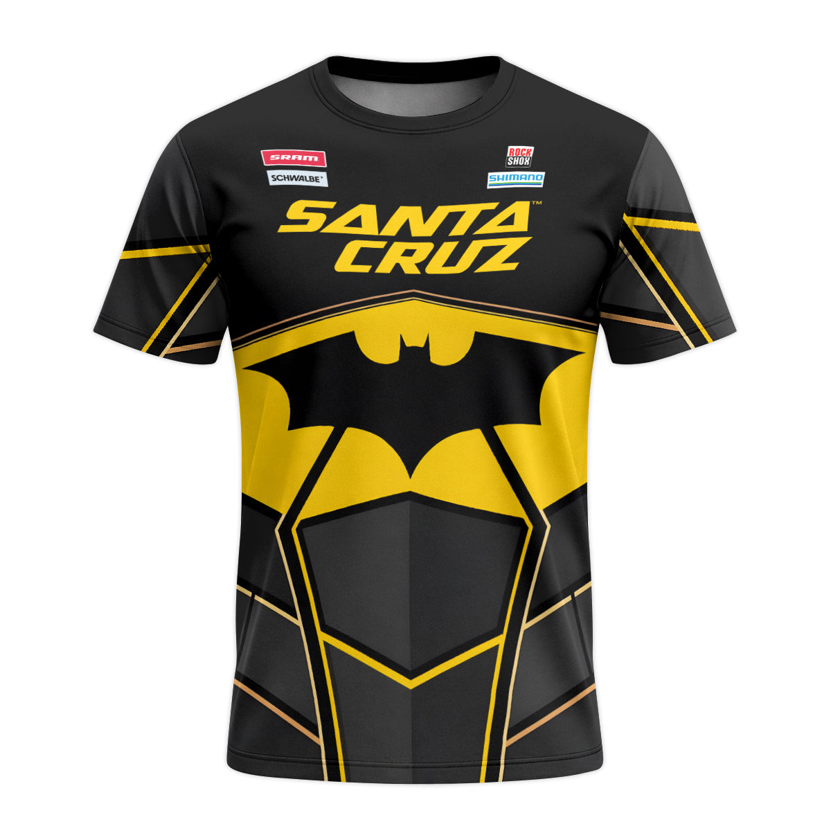 Santa Cruz Gotham City Batman Black Yellow Youth Short Sleeve Mountain Bike Jersey – Front View Mockup