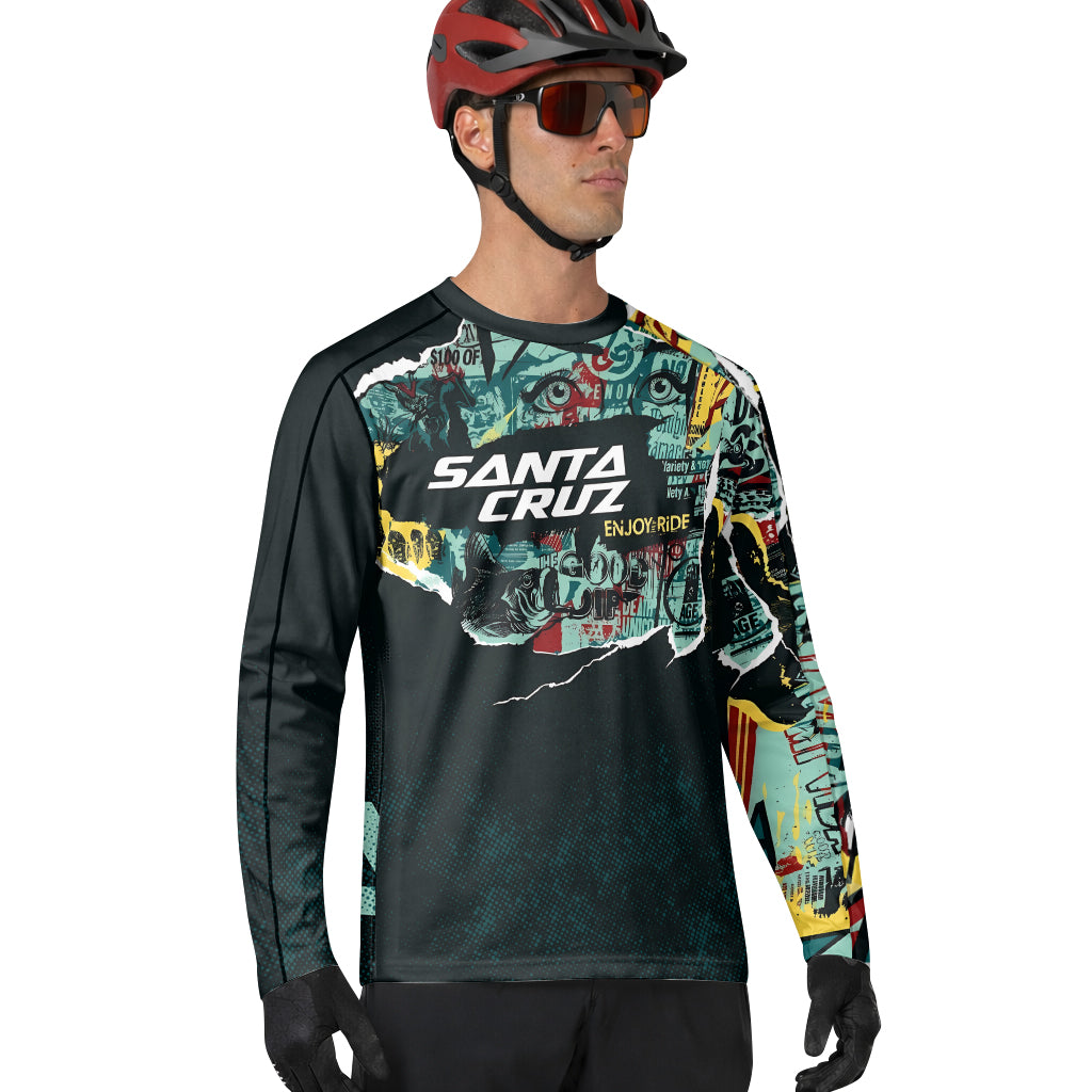 Santa Cruz Graphic Collage Black Teal Long Sleeve Mountain Bike Jersey – Lifestyle View