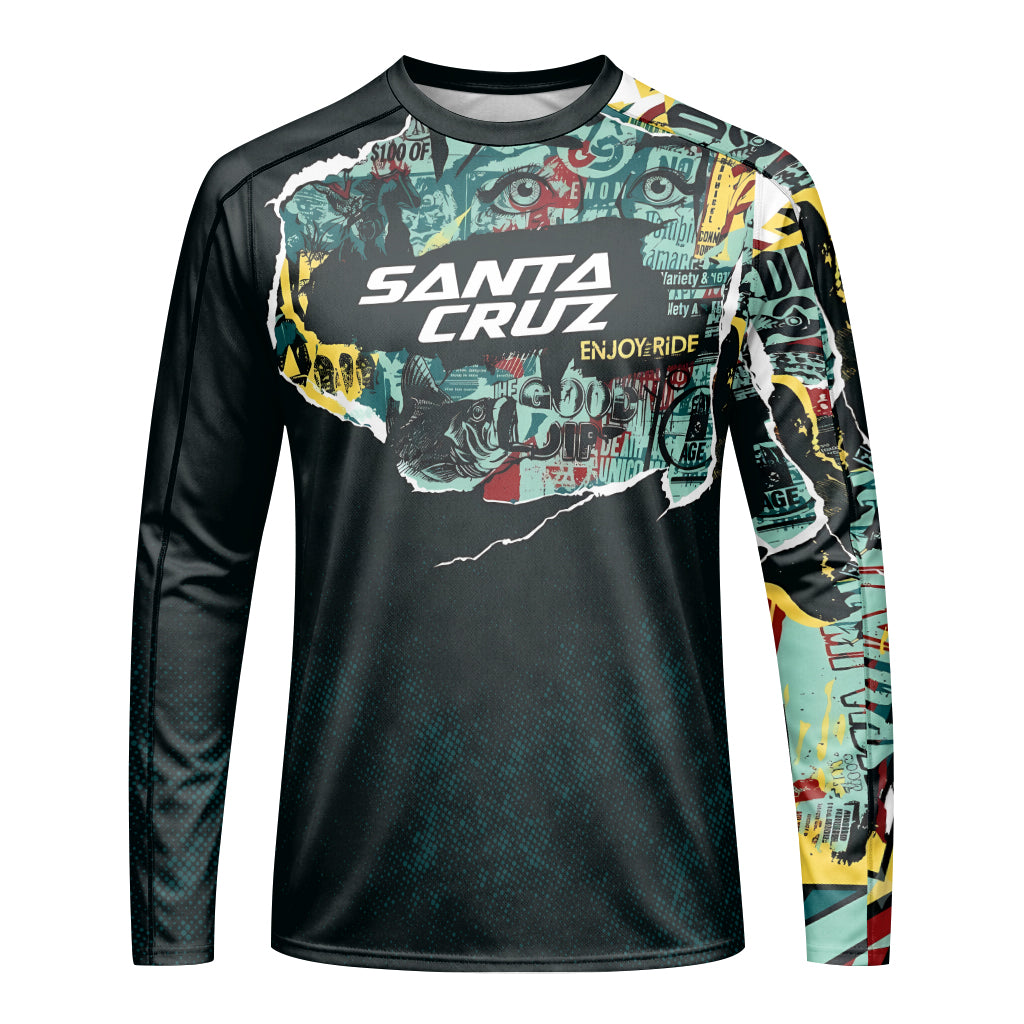 Santa Cruz Graphic Collage Black Teal Long Sleeve Mountain Bike Jersey – Front View Mockup