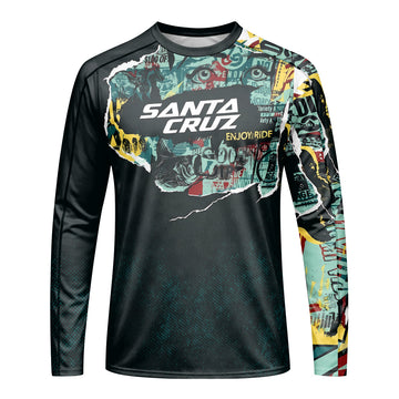 Santa Cruz Graphic Collage Black Teal Long Sleeve Mountain Bike Jersey – Front View Mockup